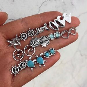 Stud Earrings SET OF 12 Coastal Ocean Theme NEW Starfish Wave Shell Ships Wheel